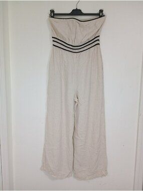 Monteau Los Angeles Women Strapless Jumpsuit Beige Black Trim Medium Linen Blend
